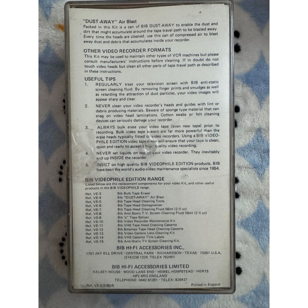 Bib Video Tape Head Cleaning Fluid Kit Videophile Edition England